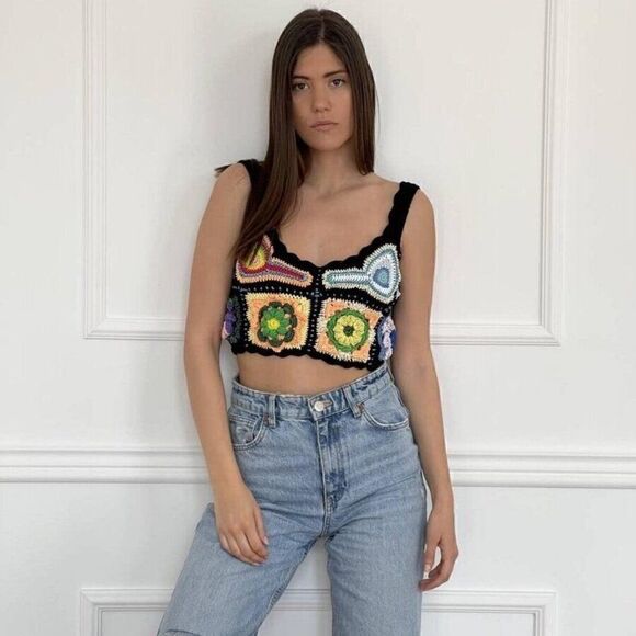 Maridruna Handmade Knit Festival Rainbow Multicolor Hippie Crochet Crop Top Sz M